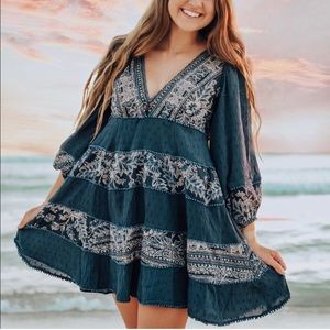 Free People My Love Mini Dress Long Bubble Sleeve Western Swing Style Blue White
